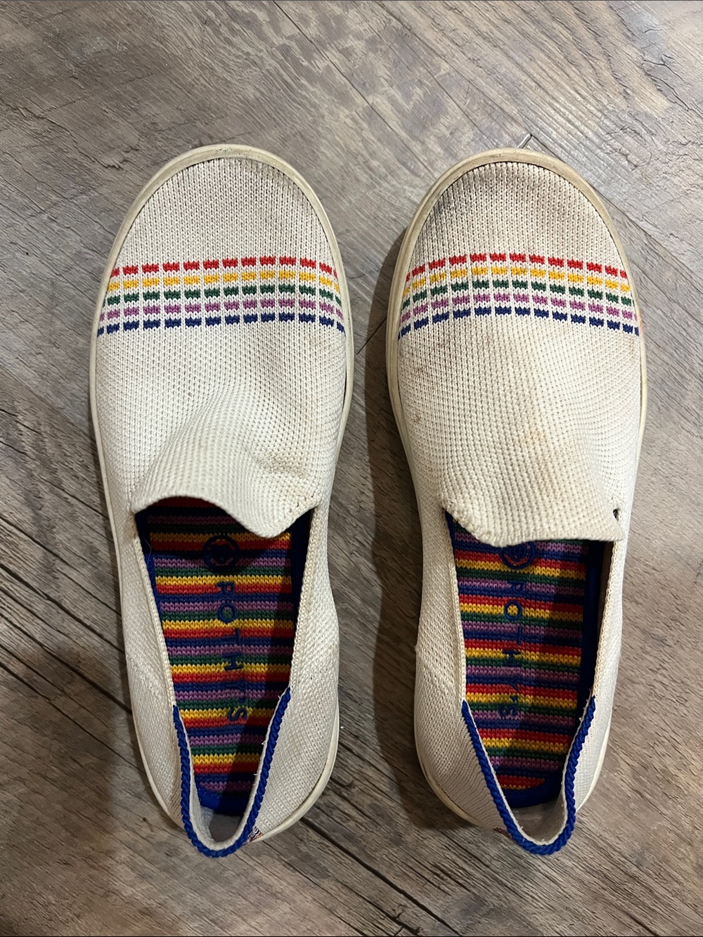 Rothy's Kids Cream Slip-On Sneakers with Rainbow Stripe